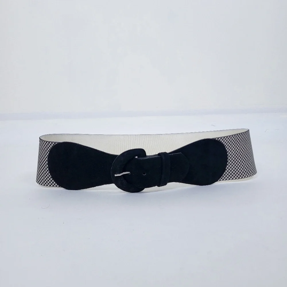 90s Houndstooth Belt Wide Buckle Thick Suede Black White - Picture 2 of 12